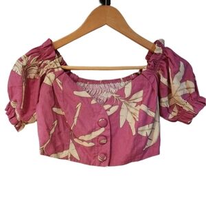 Rossy Floral Small/medium Pink Women's Top Linen‎ Blend Buttons
